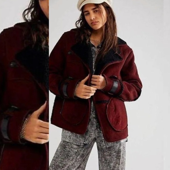 We The Free People Cassidy Cozy Jacket Burgundy Suede Coat Leather Sherpa Small - Picture 2 of 2